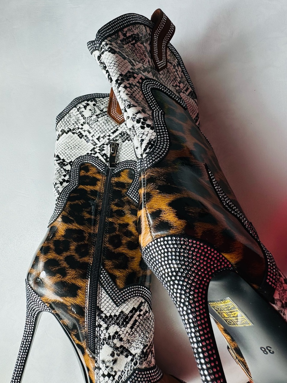 Leopard & Snake-Print Pointed Western Ankle Boots - Women's Brown/White - Picture 16 of 16